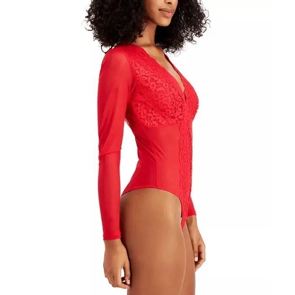 INC  International Concepts Red Sheer Long-Sleeve Lace Mesh Bodysuit - Red - Picture 2 of 7